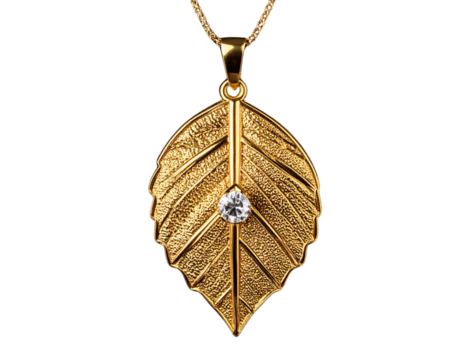 Close-Up of Suspended Gold Leaf Pendant with Diamond Accent, Chain Partially Visible, isolated on transparent background. - Powered by Adobe