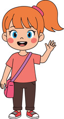 Cartoon girl waving hand, cute child character, happy student with pink bag, smiling kid illustration, cheerful young girl vector design