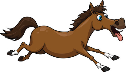 Cartoon horse running fast with funny face, cute farm animal illustration, livestock character design, agriculture mascot, equestrian artwork, playful drawing
