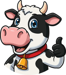 Cartoon illustration of happy cow character, cute dairy farm animal with bell collar, smiling mascot design, funny livestock, agriculture art