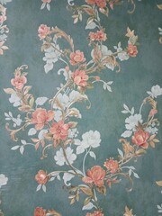 Close-up of floral wallpaper with vintage-style decorative patterns in soft colors. Great for backgrounds, interior design, and home decoration themes.