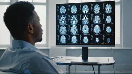 Medical professional analyzing brain scans on monitor in modern office setting - Powered by Adobe