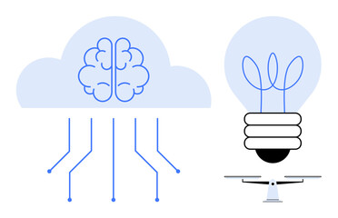 Brain in cloud connected by lines, lightbulb on scale. Ideal for technology, AI, creativity, innovation, decision-making, balance sustainability. Simple flat metaphor