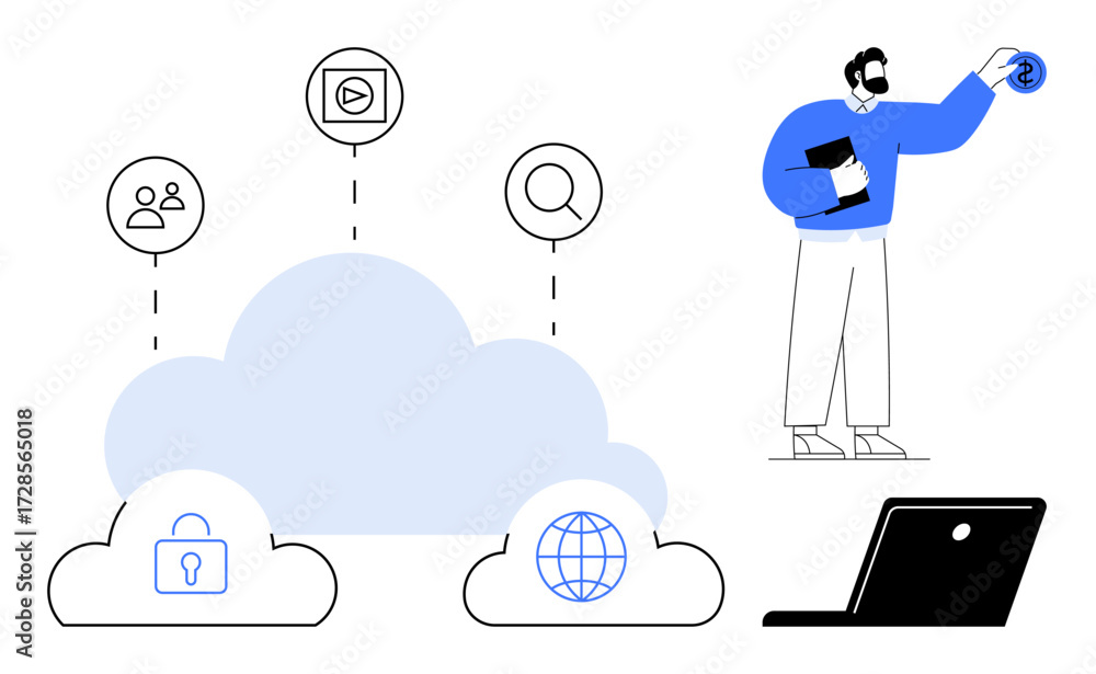 Poster digital cloud icons representing security, users, connectivity, communication. person interacting wi
