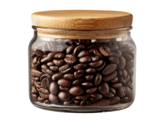 Clear glass jar filled with roasted coffee beans