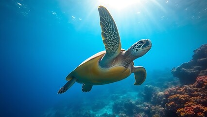 Hawaiian Green Sea Turtle gracefully swimming through sunlit ocean waters near a colorful coral reef.