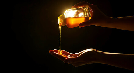 Pouring golden honey from a glass jar into a hand in dark setting with sunlit effect providing a warm glow