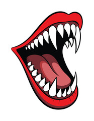 Cartoon Vector of Open Vampire Mouth with Sharp Fangs and Red Lips, vampire, vampire teeth, horror teeth
