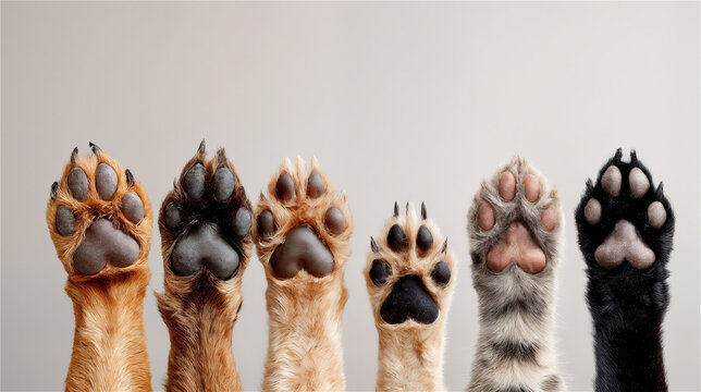 Dog paws raised up in row representing voting democracy concept, diverse breeds, close-up, neutral background, animal participation symbol, creative pet idea