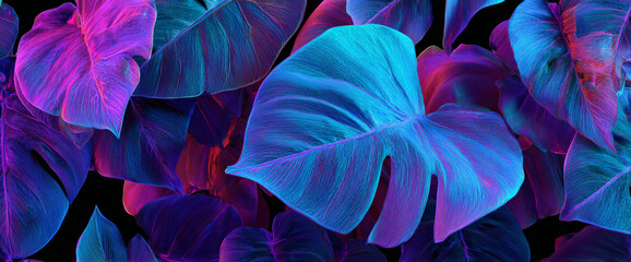 Vibrant tropical leaves in a mesmerizing blend of blue and purple hues, creating a stunning visual effect against a dark background, ideal for nature-themed designs and wallpapers