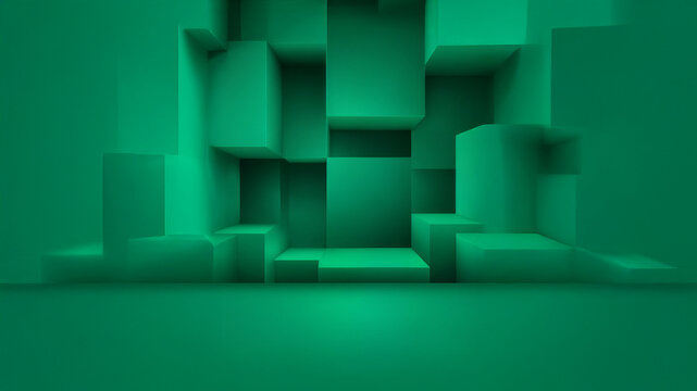 Green abstract 3D geometric cubes background, modern minimalistic horizontal wallpaper, depth shapes, futuristic digital design, seamless vibrant pattern