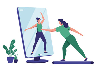 Fototapeta premium A woman uses a digital mirror app for posing guidance. A trainer assists her, creating a modern, tech-focused fitness scene. Bright, clean, and inviting.