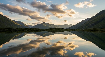 Serene mountain lake sunset reflection