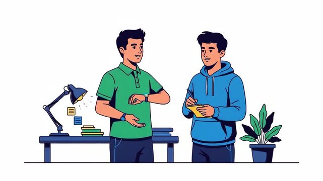 Flat vector of two young men talking to each other in a room with a desk and a lamp isolated on white background one checking time on his watch business