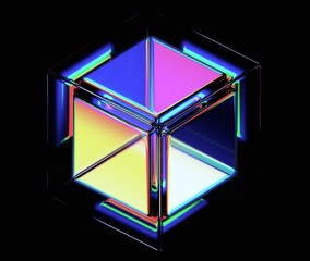 Abstract iridescent cube on black background, 3d render