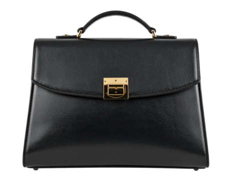 Angled Side View of Designer Handbag with Buckle, Showing Strap and Texture, isolated on transparent background.