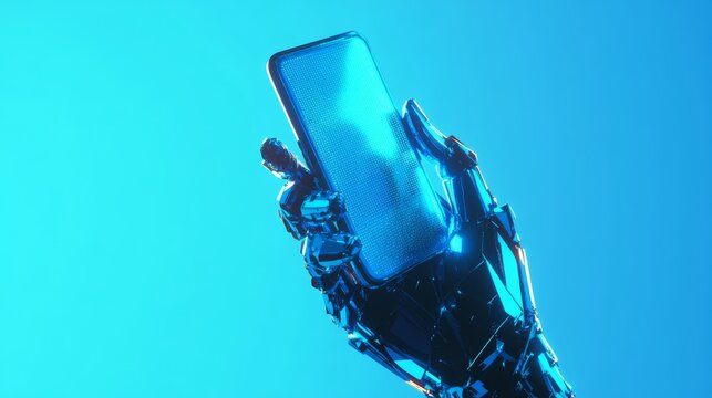 futuristic pixel hand gripping a modern smartphone, isolated on bright blue backdrop, simple and bold 3d digital art style