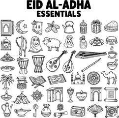 Eid al-Adha Essentials Doodle Icons Set: Hand-drawn Islamic and Muslim cultural elements collection