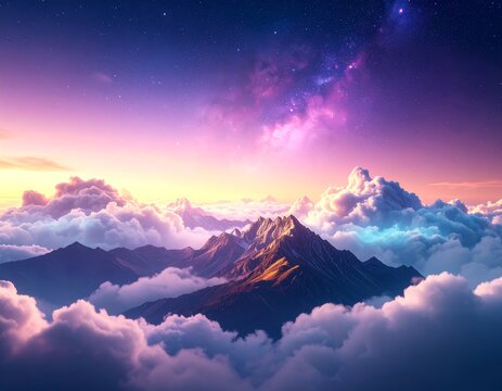 Colorful mountain range above clouds at sunrise