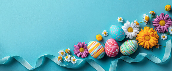 A vibrant arrangement of colorful Easter eggs and cheerful flowers on a bright turquoise background, perfect for spring celebrations and holiday decorations