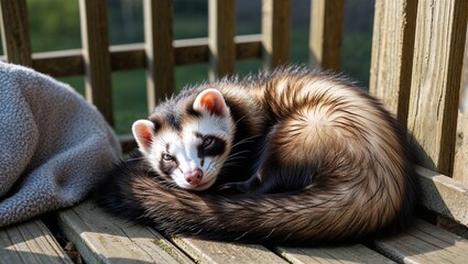 Ferret curled up sleeping in sunny corner of backyard deck