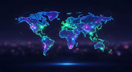 A glowing digital map of the world with interconnected nodes representing global connections and data flow.
