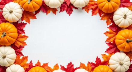 White and orange pumpkins with red and orange maple leaves form a frame around a blank white space, ideal for autumnal designs or Thanksgiving greetings