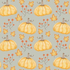 Seamless Autumn Pattern with Watercolor Pumpkins, Maple Leaves, and Berries on Gray Background
