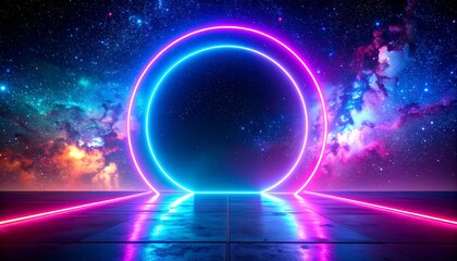 Fototapeta premium An electric ring floats above a reflective floor, bathed in neon light and surrounded by a vibrant nebula and starry night sky