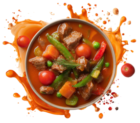 Hearty stew in a bowl, vibrant splashes