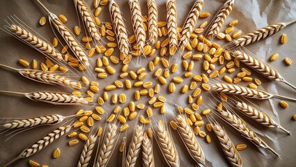 Flat image of wheat kernels spread thin across parchment with soft light diffusion