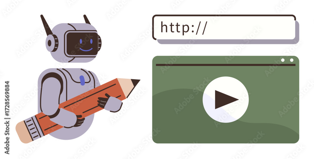 Poster robot holding large pencil next to search bar and video player window. ideal for ai, content creatio