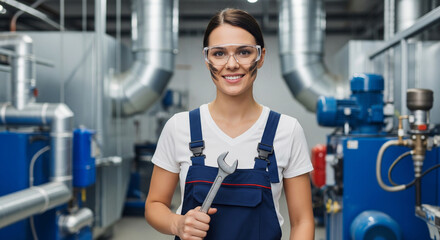Fototapeta premium Qualified female technician smiling after completing work on heating, ventilation and air conditioning systems and their maintenance, working in an industrial environment, demonstrating her expertise 