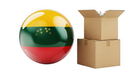 Obraz premium Lithuania flag sphere with cardboard boxes isolated on transparent background