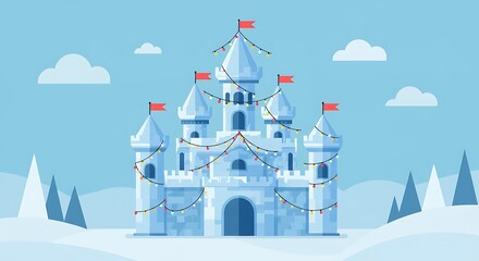 Magical Winter Ice Castle with Flags and Lights.