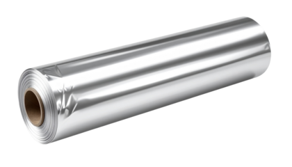 Roll of aluminum foil on a transparent background. The foil is shiny and crumpled at one end, showcasing its reflective surface and versatility in cooking and storage