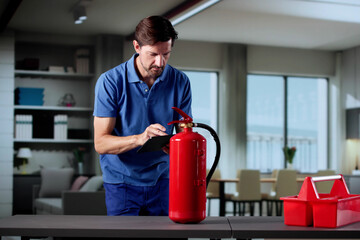 Man Protecting Home By Checking Fire Extinguisher