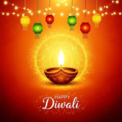 Happy diwali greeting with oil lamp and lanterns
