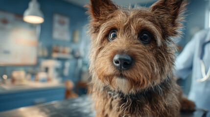 Adorable Dog at Vet Clinic with Curious Wide-Eyed Expression