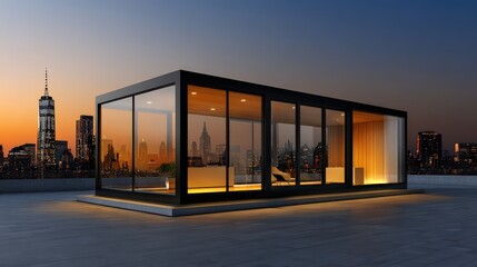 Modern Glass Structure on Rooftop With City Sunset View