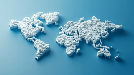 stylized 3d world map made entirely of small white boxes, smooth isometric view with subtle lighting for a modern digital aesthetic