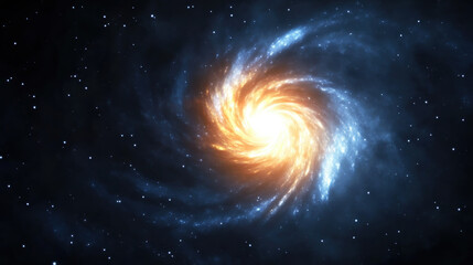 Spiral galaxy glowing with bright yellow and blue light, swirling cosmic dust and stars in deep space, mysterious and awe inspiring celestial scene