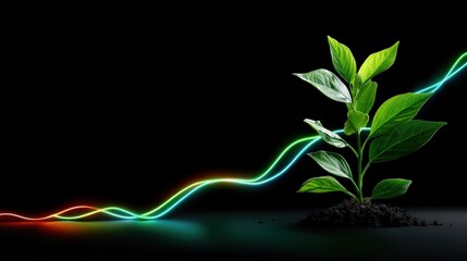 Young Plant Growing With Neon Energy Line on Black Background