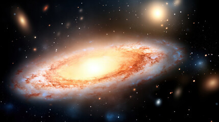 Expanding galaxy with glowing nebula jets radiating outward, surrounded by stars and cosmic dust in deep space, evoking awe and wonder at universe