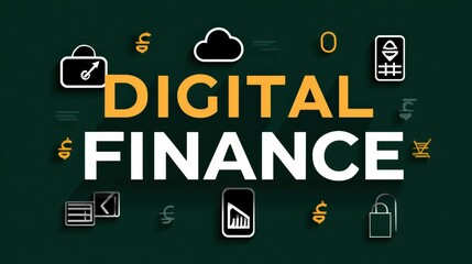 Digital Finance Typography with Financial Icons on Green Background