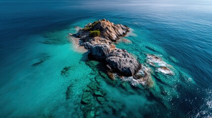 Aerial View of Tropical Rock Island in Turquoise Ocean