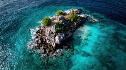 Aerial View of Small Tropical Island Surrounded by Blue Water