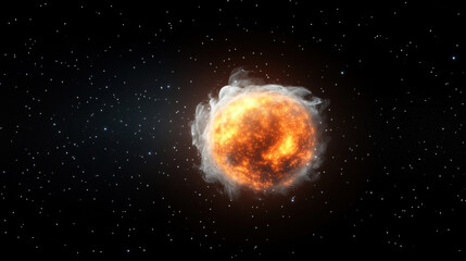 Fiery orange galaxy explosion with glowing abstract energy and flowing smoke in deep space, surrounded by countless stars, evoking sense of cosmic wonder and dynamic movement