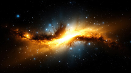 Expanding galaxy with glowing nebula jets radiating outward, vibrant orange and yellow colors, surrounded by countless stars in deep space, cosmic energy, awe inspiring beauty