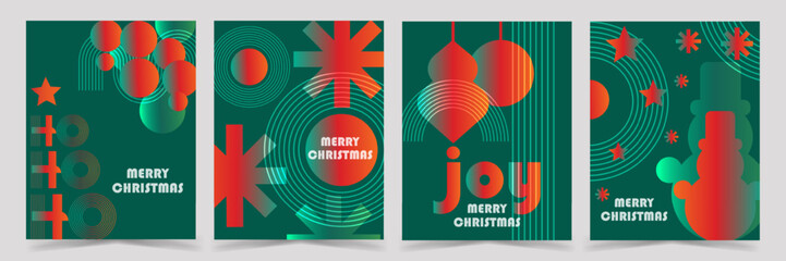 Set of Christmas Posters with Geometric shapes, Red and Green Gradient, ornaments and MERRY CHRISTMAS lettering. Creative holiday background for greeting cards, banners, flyers